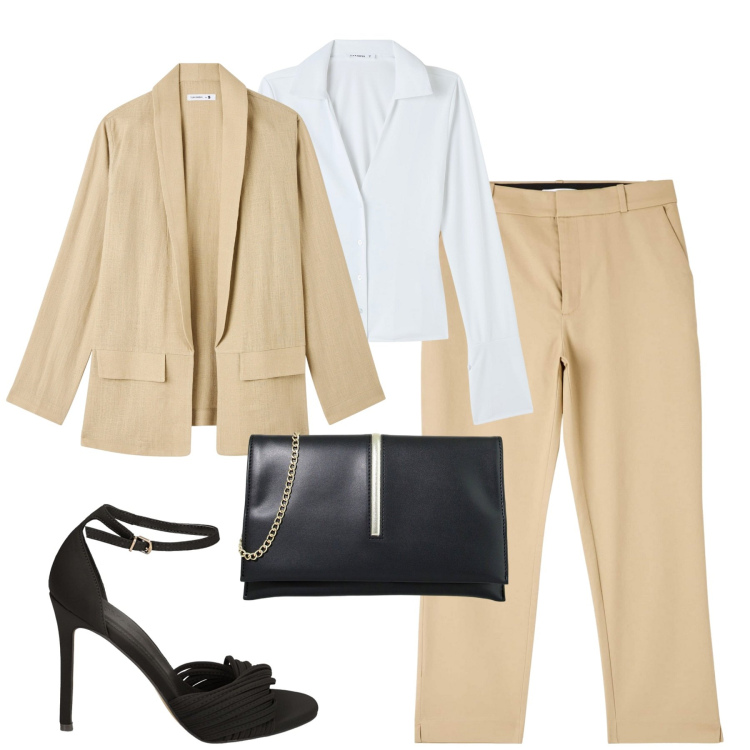 Outfit donna - Business. Stile Casual chic per Tutti i giorni. Abbinamento con pantaloni chino, camicie, blazer, pochette, sandali col tacco.