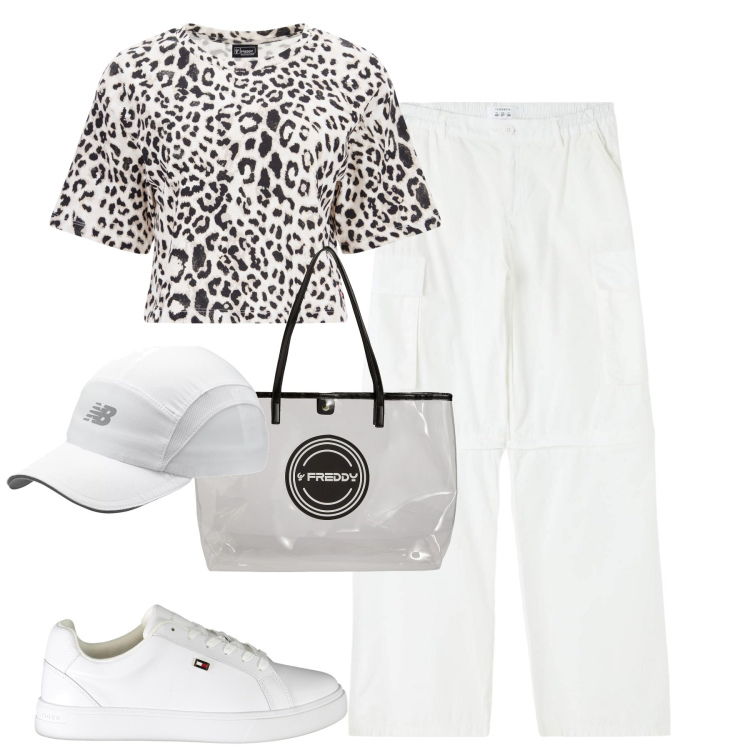 Outfit donna - City. Stile Urban per Tutti i giorni. Abbinamento con pantaloni cargo, cappelli, shopping bag, t-shirt, sneakers.