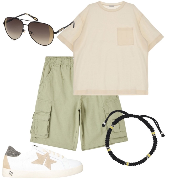 Outfit uomo - Passeggiata sul lungomare. Stile Casual per Mare. Abbinamento con pantaloni corti, braccialetti, sneakers, t-shirt, occhiali da sole.