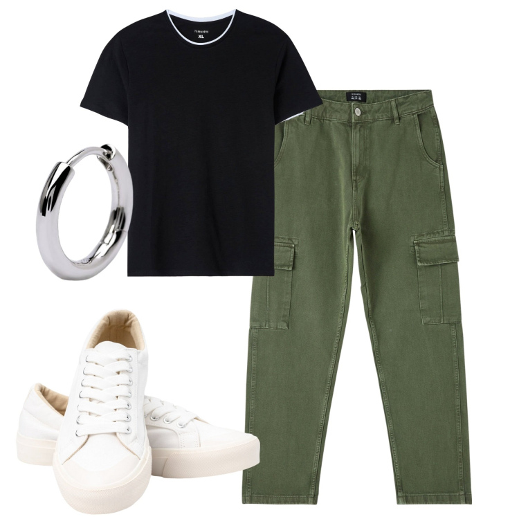 Outfit uomo - Total look #1879445. Stile Casual per Tutti i giorni. Abbinamento con t-shirt, pantaloni cargo, orecchini, sneakers.