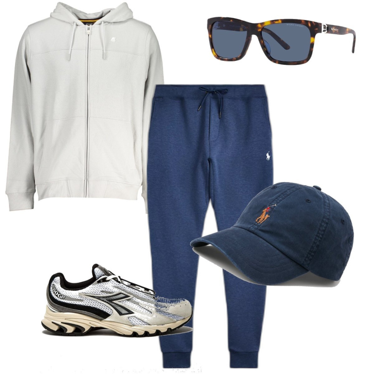 Outfit uomo - Corsa mattutina. Stile Casual per Tutti i giorni. Abbinamento con cappelli, pantaloni, occhiali da sole, felpe con cappuccio, sneakers.