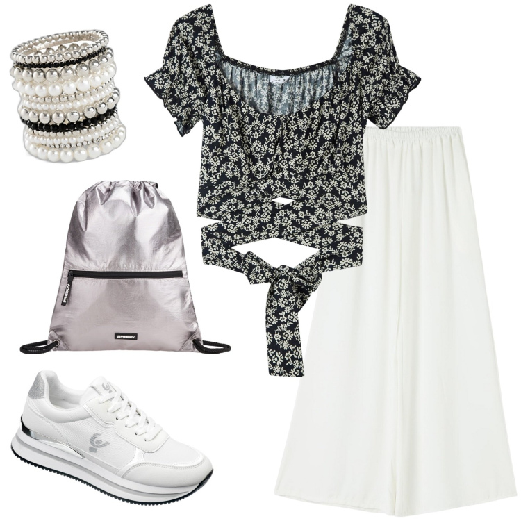 Outfit donna - Casual. Stile Casual per Tutti i giorni. Abbinamento con braccialetti, bluse, pantaloni, sneakers, zaini.