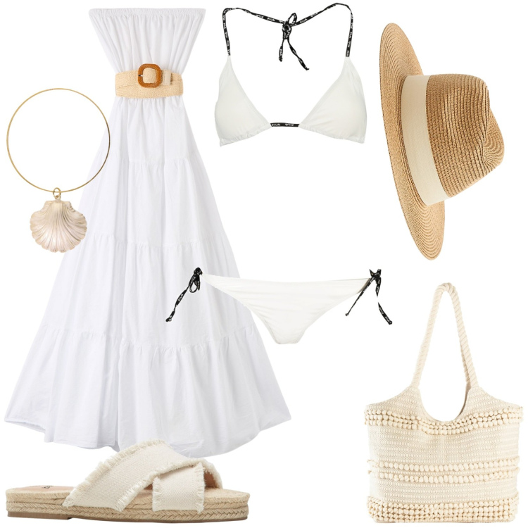 Outfit donna - Total look #1879473. Stile Boho per Mare. Abbinamento con ciabatte, shopping bag, cappelli, vestiti lunghi, braccialetti, bikini.