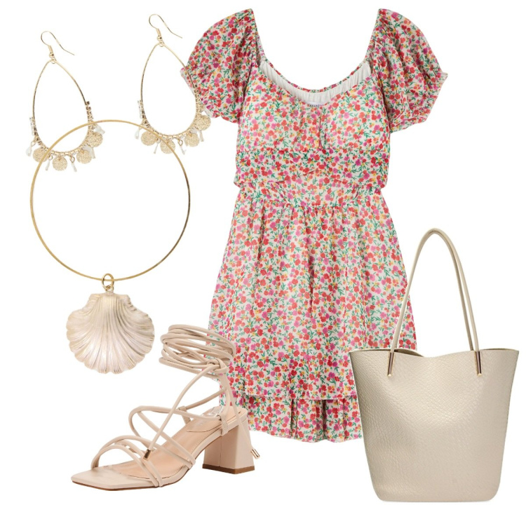 Outfit donna - Gioielli in evidenza. Stile Chic per Tutti i giorni. Abbinamento con sandali alla schiava, vestiti, braccialetti, orecchini, borse a spalla.