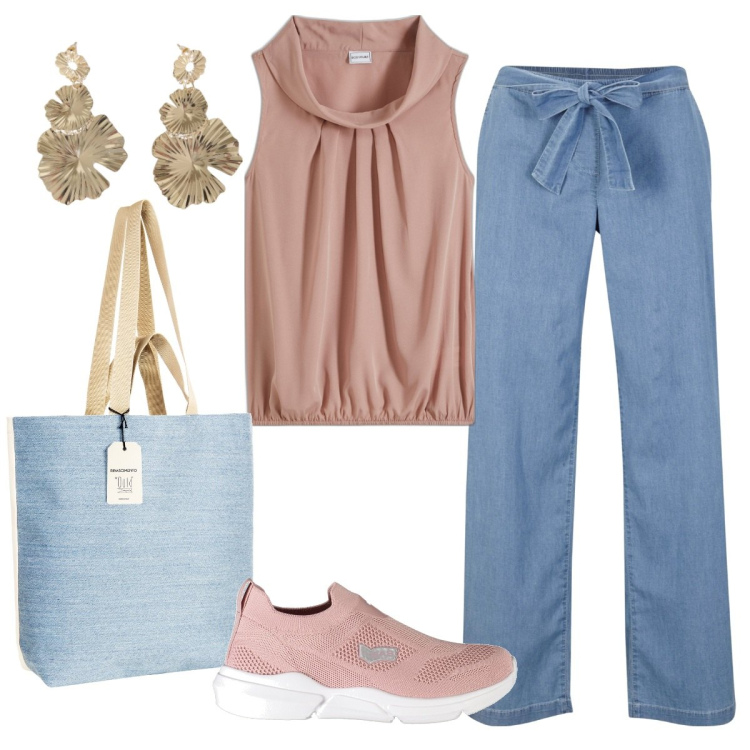 Outfit donna - Campagna chic. Stile Casual chic per Tutti i giorni. Abbinamento con top, pantaloni, borse tote, orecchini, sneakers.