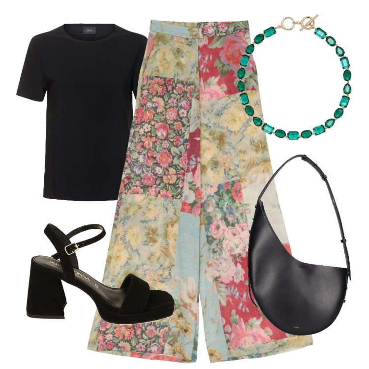 Outfit donna - Flower pants. Stile Boho per Tutti i giorni. look ideale per Tall. Abbinamento con sandali col tacco, pantaloni a palazzo, collane, borse a spalla, t-shirt.