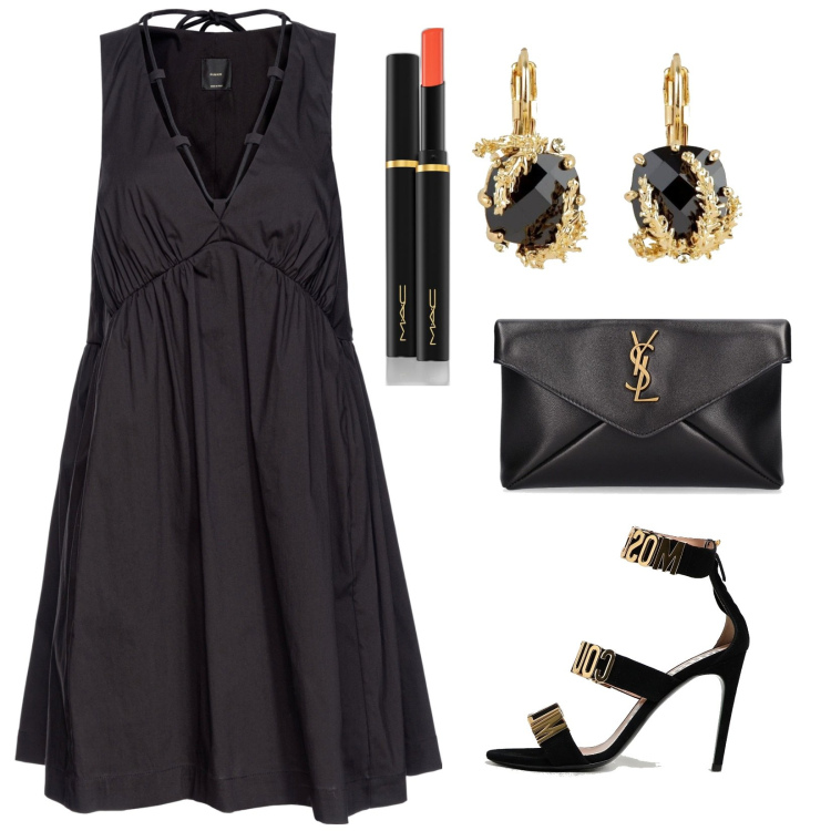 Outfit donna - Black and gold. Stile Chic per Serata fuori. Abbinamento con orecchini, rossetti, vestiti corti, pochette, sandali col tacco.