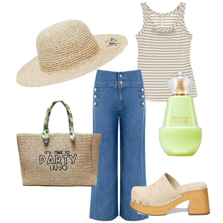 Outfit donna - In Riviera. Stile Trendy per Tutti i giorni. Abbinamento con profumi, pantaloni, top, zoccoli, cappelli, shopping bag.