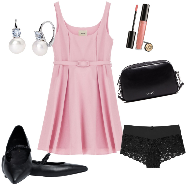 Outfit donna - Oggi mi sento bon ton. Stile Bon Ton per Serata fuori. Abbinamento con culotte, gloss, orecchini, vestiti corti, ballerine, borse a tracolla.