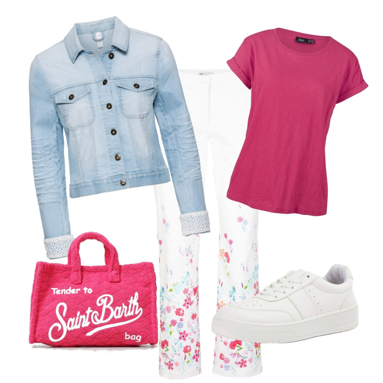 Outfit donna - Fiori sui pantaloni. Stile Casual per Tutti i giorni. Abbinamento con t-shirt, blazer, pantaloni, sneakers, borse a mano.