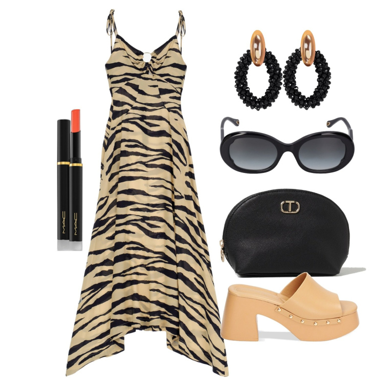 Outfit donna - Ghost outfitter - maggio. Stile Glamour per Serata fuori. Abbinamento con orecchini, rossetti, vestiti lunghi, zoccoli, occhiali da sole, valigie.