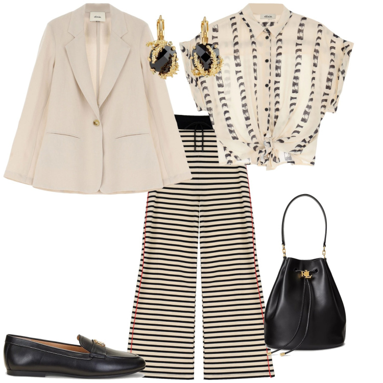 Outfit donna - Trendy ufficio week end serata. Stile Trendy per Ufficio. Abbinamento con orecchini, pantaloni, camicie, blazer, mocassini, borse a secchiello.