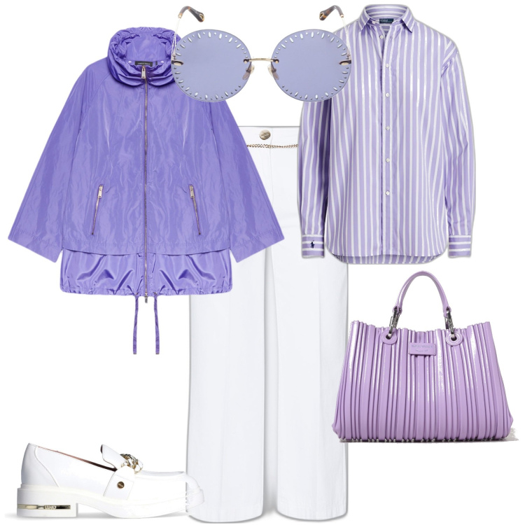 Outfit donna - Trendy ufficio week end serata. Stile Trendy per Ufficio. Abbinamento con camicie, parka, mocassini, occhiali da sole, borse tote, pantaloni.