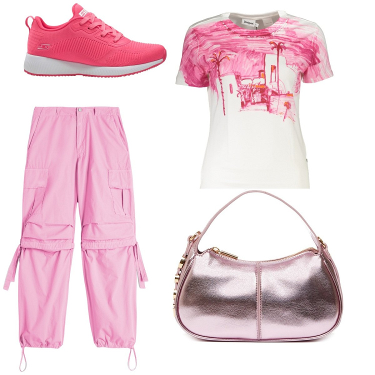 Outfit donna - Pink. per Scuola/Università. Abbinamento con sneakers, pantaloni cargo, t-shirt, borse a mano.