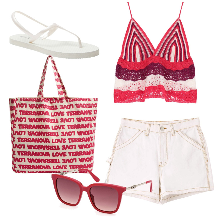 Outfit donna - Sul lungomare. Stile Casual chic per Mare. Abbinamento con sandali, shorts, borse tote, top, occhiali da sole.