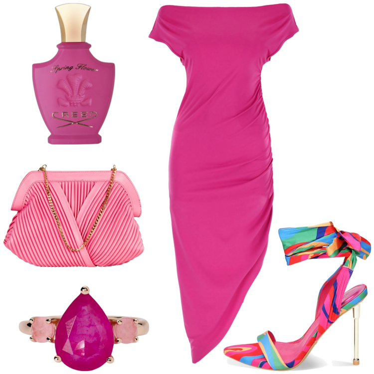 Outfit donna - Fucsia. Stile Glamour per Cerimonia. Abbinamento con profumi, anelli, pochette, sandali col tacco, vestiti lunghi.