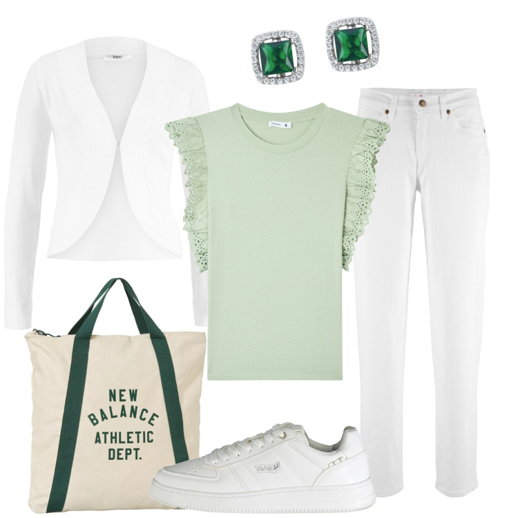 Outfit donna - Gita fuori porta. Stile Casual per Tutti i giorni. Abbinamento con jeans mom, blazer, t-shirt, orecchini, borse a mano, sneakers.