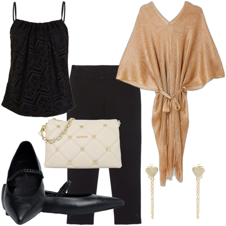 Outfit donna - D ‘oro vestita. Stile Casual chic per Serata fuori. Abbinamento con top, orecchini, pochette, ballerine, cappe, pantaloni.