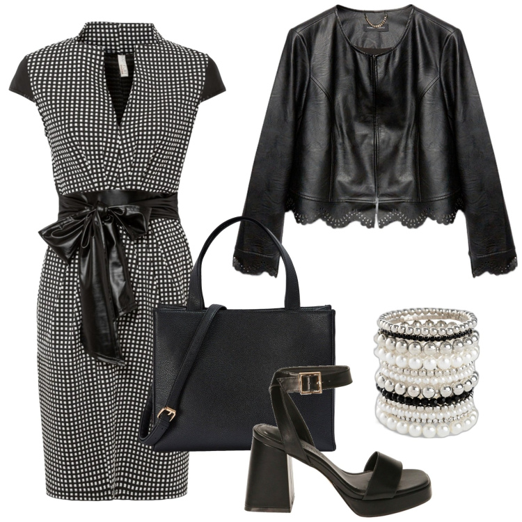 Outfit donna - Total look #1879618. Stile Casual per Ufficio. Abbinamento con braccialetti, vestiti, shopping bag, sandali col tacco, blazer.