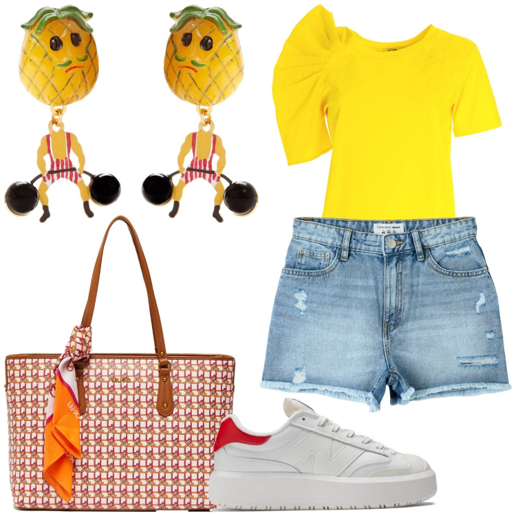 Outfit donna - Che fatica. Stile Trendy per Tutti i giorni. Abbinamento con orecchini, shorts, sneakers, t-shirt, shopping bag.