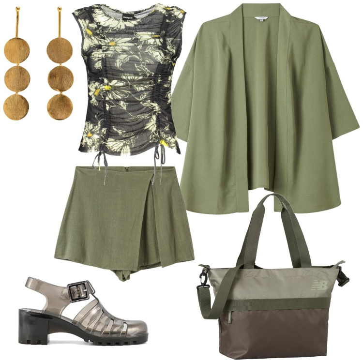 Outfit donna - Caffè con le amiche. Stile Casual chic per Tutti i giorni. Abbinamento con borse tote, gonne, kimono, sandali col tacco, canottiere, orecchini.