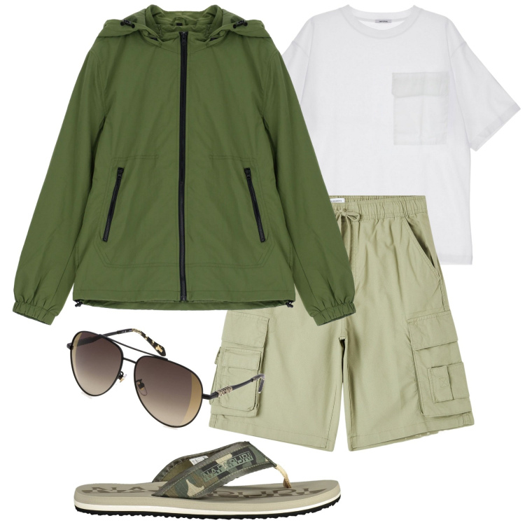 Outfit uomo - Total look #1879647. Stile Trendy per Mare. Abbinamento con pantaloni corti, t-shirt, giacche, sandali, occhiali da sole.