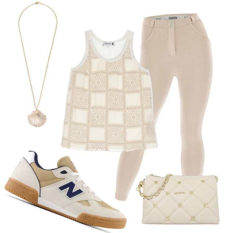 Outfit donna - Bella e comoda con New Balance. Stile Casual per Tutti i giorni. Abbinamento con sneakers, top, pochette, pantaloni skinny, collane.
