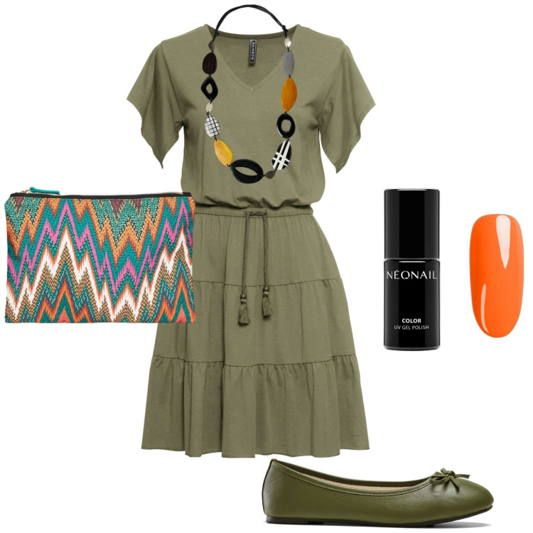 Outfit donna - Total look #1879672. Stile Casual per Tutti i giorni. Abbinamento con vestiti, ballerine, smalti, pochette, collane.