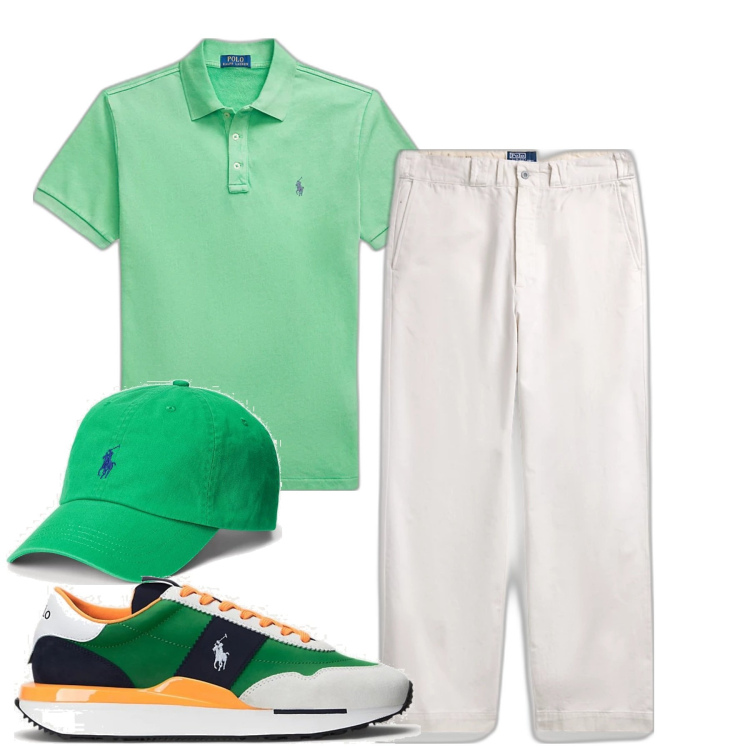 Outfit uomo - Ralph Lauren. Stile Casual per Tutti i giorni. Abbinamento con cappelli, pantaloni chino, sneakers, polo.