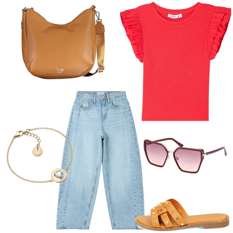 Outfit donna - Total look #1879707. Stile Casual per Tutti i giorni. Abbinamento con t-shirt, jeans, sandali, borse a spalla, occhiali da sole, braccialetti.