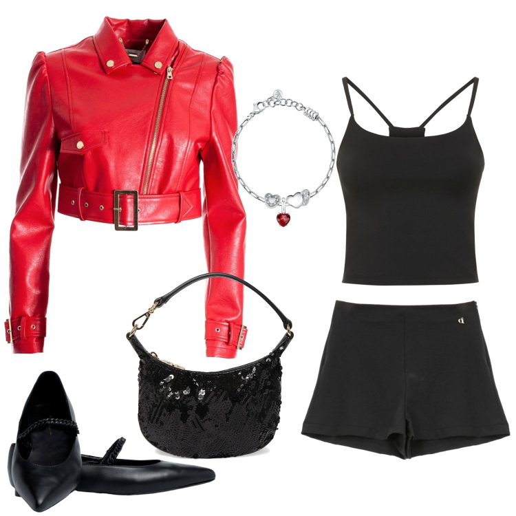 Outfit donna - Biker rosso. Stile Chic per Tutti i giorni. look ideale per Petite. Abbinamento con braccialetti, giacche, shorts, ballerine, pochette, canottiere.