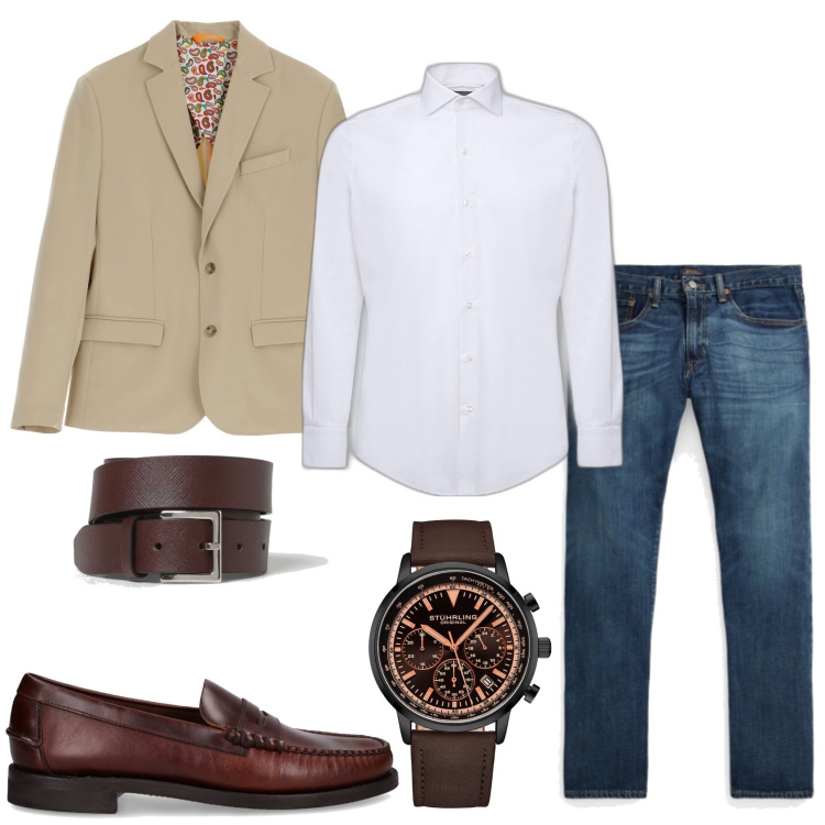 Outfit uomo - Una giacca e jeans. Stile Trendy per Tutti i giorni. Abbinamento con orologi, giacche, jeans dritti, scarpe stringate, cinture, camicie.