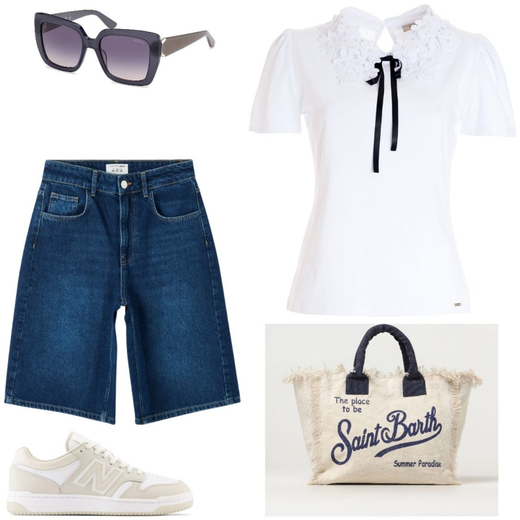 Outfit donna - Saint Barth. Stile Casual per Tutti i giorni. Abbinamento con bermuda, sneakers, t-shirt, occhiali da sole, borse tote.