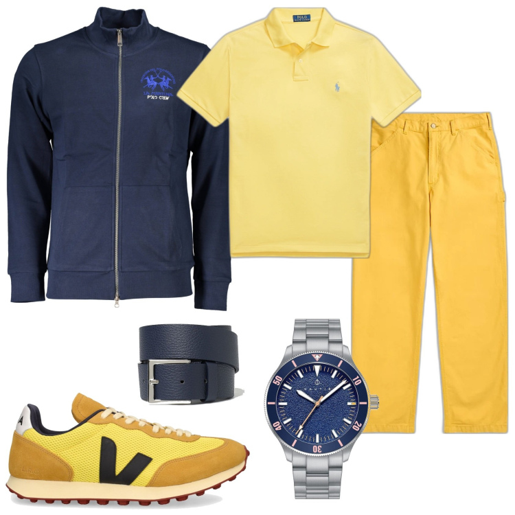 Outfit uomo - Un uomo in giallo e blu. Stile Trendy per Tutti i giorni. Abbinamento con orologi, polo, pantaloni, sneakers, felpe, cinture.
