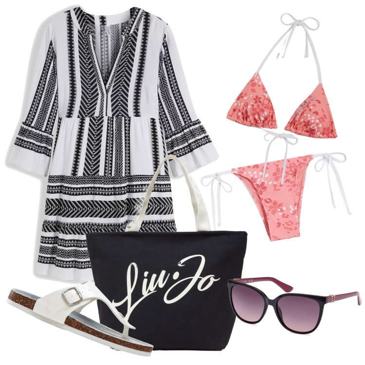 Outfit donna - Destinazione mare. Stile Casual per Mare. Abbinamento con infradito, vestiti corti, bikini, bikini, shopping bag, occhiali da sole.
