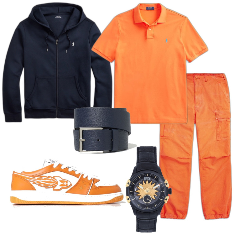 Outfit uomo - Un uomo in arancio e blu. Stile Trendy per Tutti i giorni. Abbinamento con orologi, felpe, polo, pantaloni cargo, cinture, sneakers.