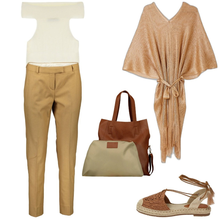 Outfit donna - Elegantemente sportiva. Stile Casual chic per Tutti i giorni. Abbinamento con top, espadrillas, shopping bag, pantaloni, cappe.