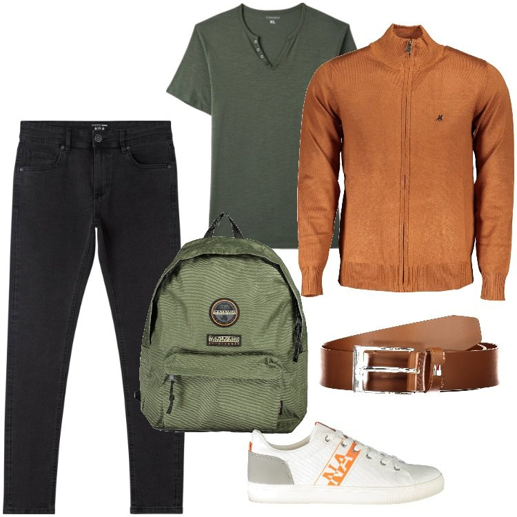 Outfit uomo - Total look #1879758. Stile Trendy per Tutti i giorni. Abbinamento con jeans skinny, t-shirt, cardigans, sneakers, borse sportive, cinture.