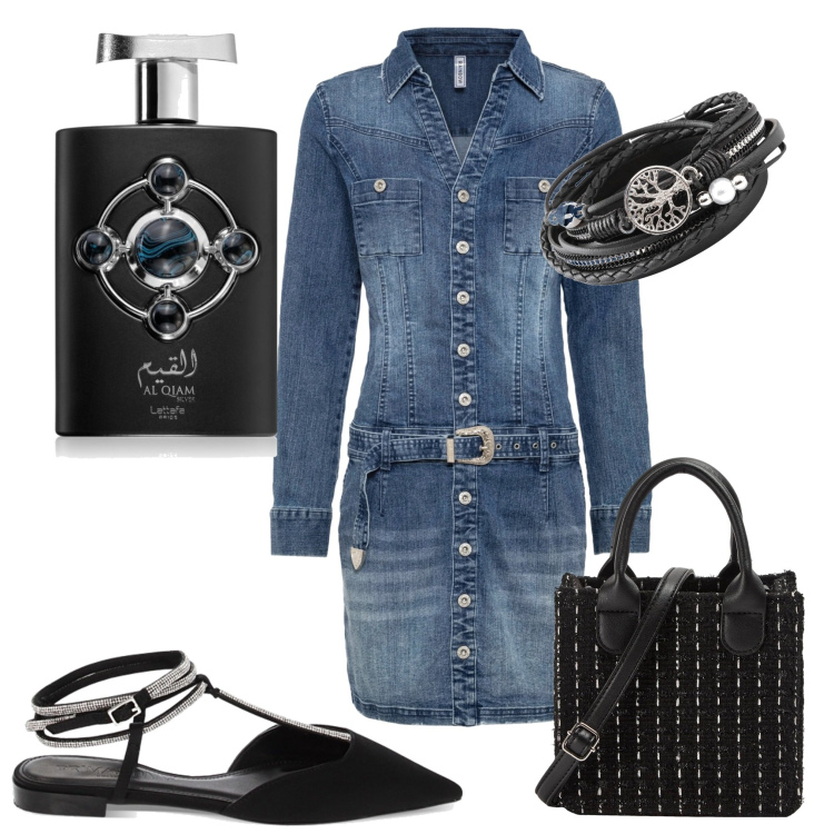 Outfit donna - In città. Stile Casual per Tutti i giorni. Abbinamento con braccialetti, vestiti, profumi, shopping bag, ballerine.