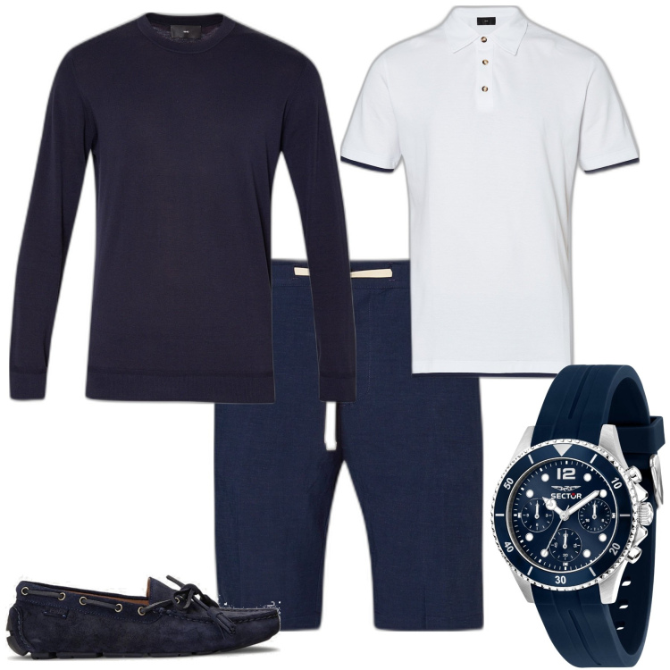 Outfit uomo - Trendy week end. Stile Trendy per Tutti i giorni. Abbinamento con orologi, scarpe stringate, pullovers, bermuda, polo.