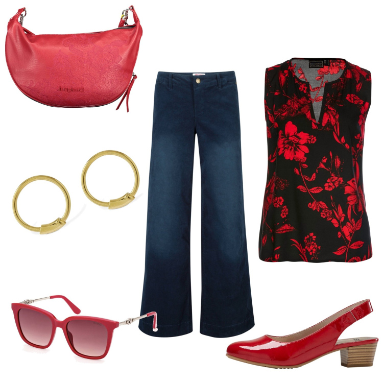 Outfit donna - Total look #1879780. Stile Glamour per Tutti i giorni. Abbinamento con pantaloni, décolleté, top, borse a spalla, occhiali da sole, orecchini.
