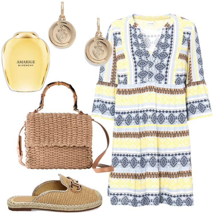 Outfit donna - Comoda. Stile Casual per Tutti i giorni. Abbinamento con vestiti, borse a mano, profumi, sabot, orecchini.