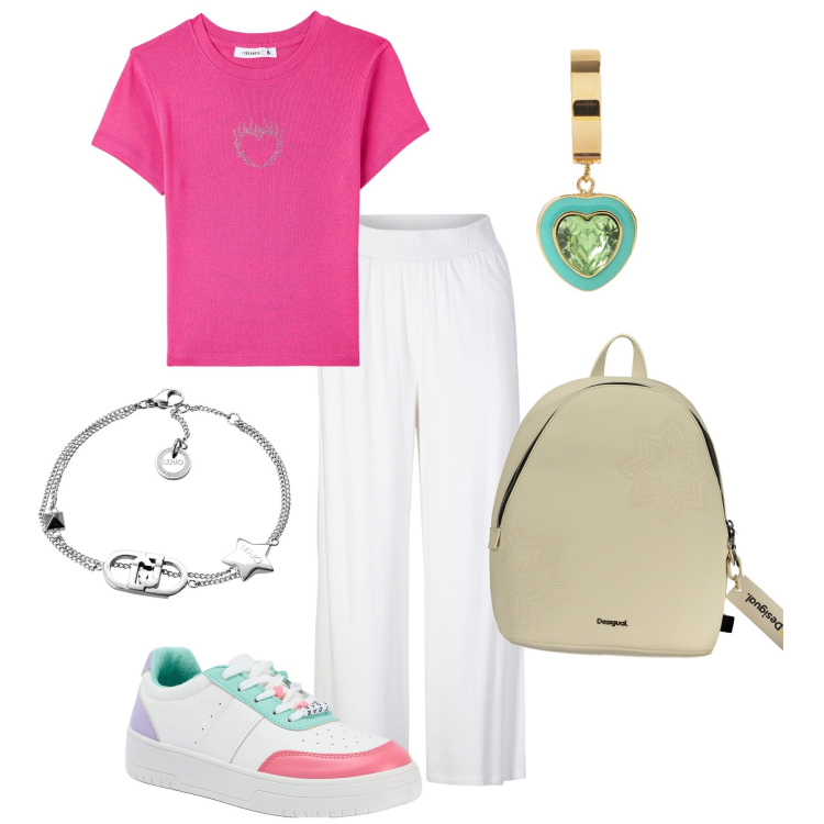 Outfit donna - Pantaloni leggeri. Stile Basic per Tutti i giorni. Abbinamento con pantaloni, t-shirt, sneakers, zaini, braccialetti, orecchini.