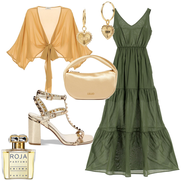 Outfit donna - Chic cerimonia evento serata. Stile Chic per Cerimonia. Abbinamento con profumi, vestiti lunghi, sandali col tacco, cardigans, orecchini, borse a mano.