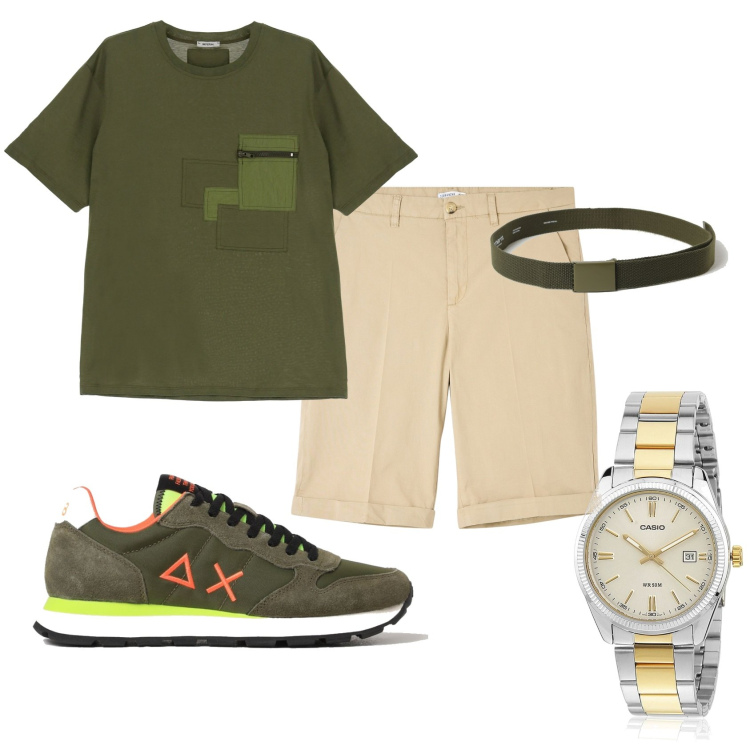 Outfit uomo - La libertà non ha prezzo. Stile Trendy per Tutti i giorni. Abbinamento con orologi, bermuda, t-shirt, cinture, sneakers.