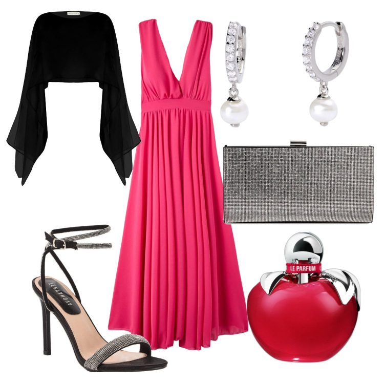 Outfit donna - Elegante abito in tulle, da cerimonia. Stile Chic per Cerimonia. Abbinamento con profumi, vestiti lunghi, sandali col tacco, orecchini, stole, pochette.