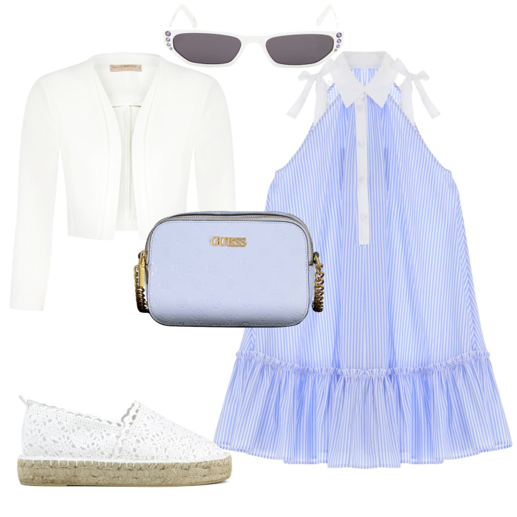 Outfit donna - Casual chic week end. Stile Casual chic per Tutti i giorni. Abbinamento con blazer, vestiti corti, espadrillas, borse a tracolla, occhiali da sole.