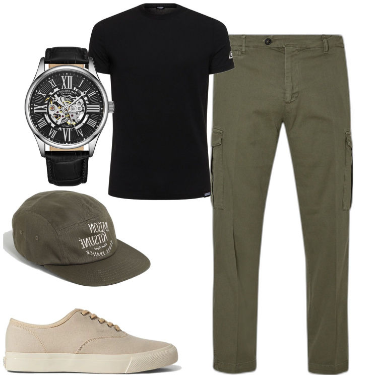 Outfit uomo - City. Stile Trendy per Tutti i giorni. Abbinamento con orologi, sneakers, cappelli con visiera, pantaloni cargo, t-shirt.