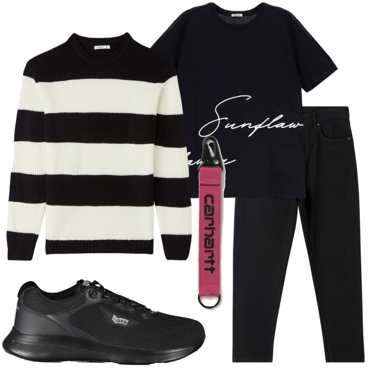 Outfit uomo - Bianco e nero. Stile Casual per Tutti i giorni. Abbinamento con pantaloni, maglieria, t-shirt, portachiavi, sneakers.