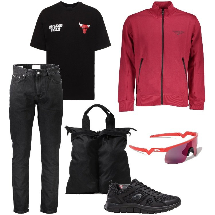 Outfit uomo - Total look #1879837. Stile Trendy per Mare. Abbinamento con sneakers, jeans, felpe, occhiali da sole, t-shirt, borse sportive.